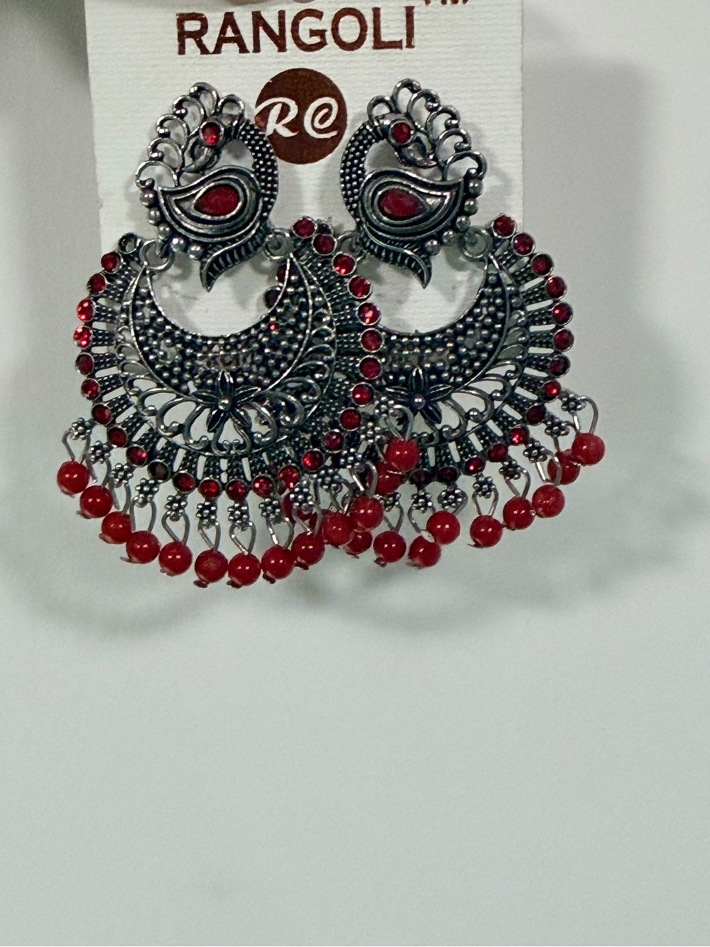 Red Stone Silver-Tone Chandbali Earrings for Women
